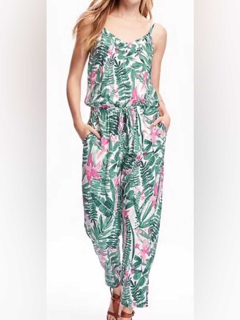 Old Navy Pink & Green Tropical Print Spaghetti-Strap Jumpsuit